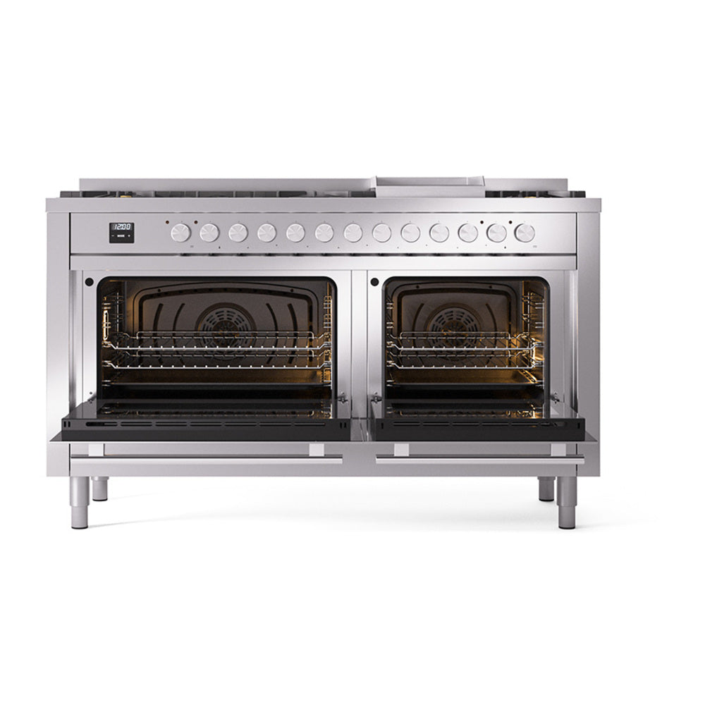 Stainless steel dual fuel range with both oven doors open, showing oven interiors
