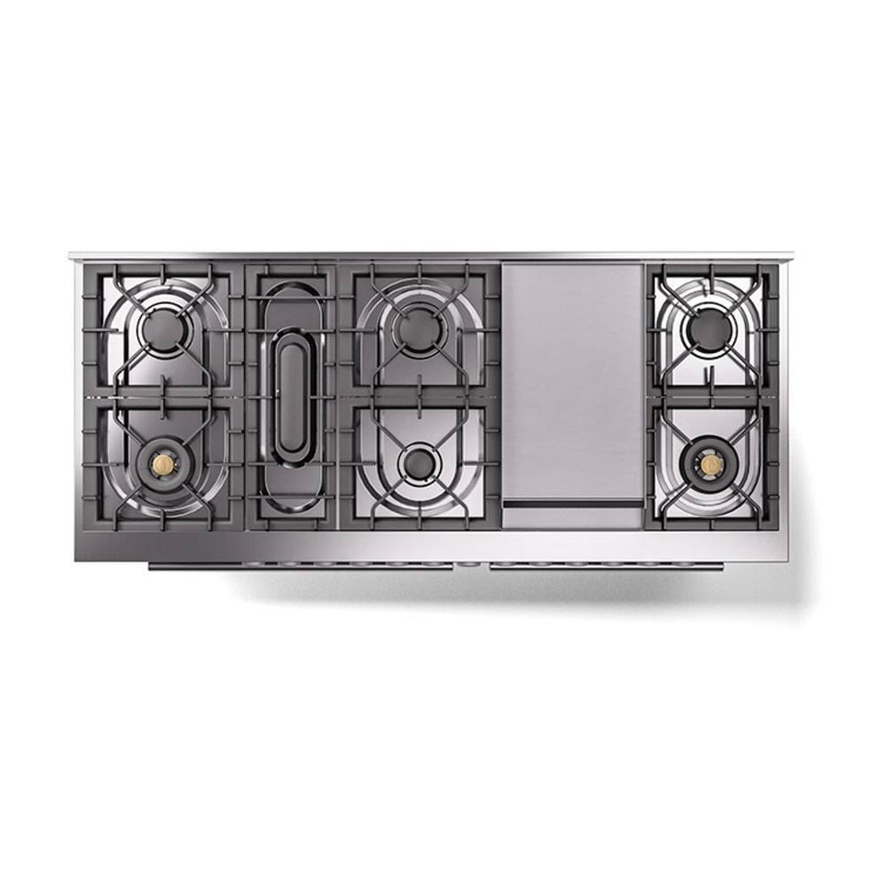 Stainless steel range cooktop with four burners and griddle, top view