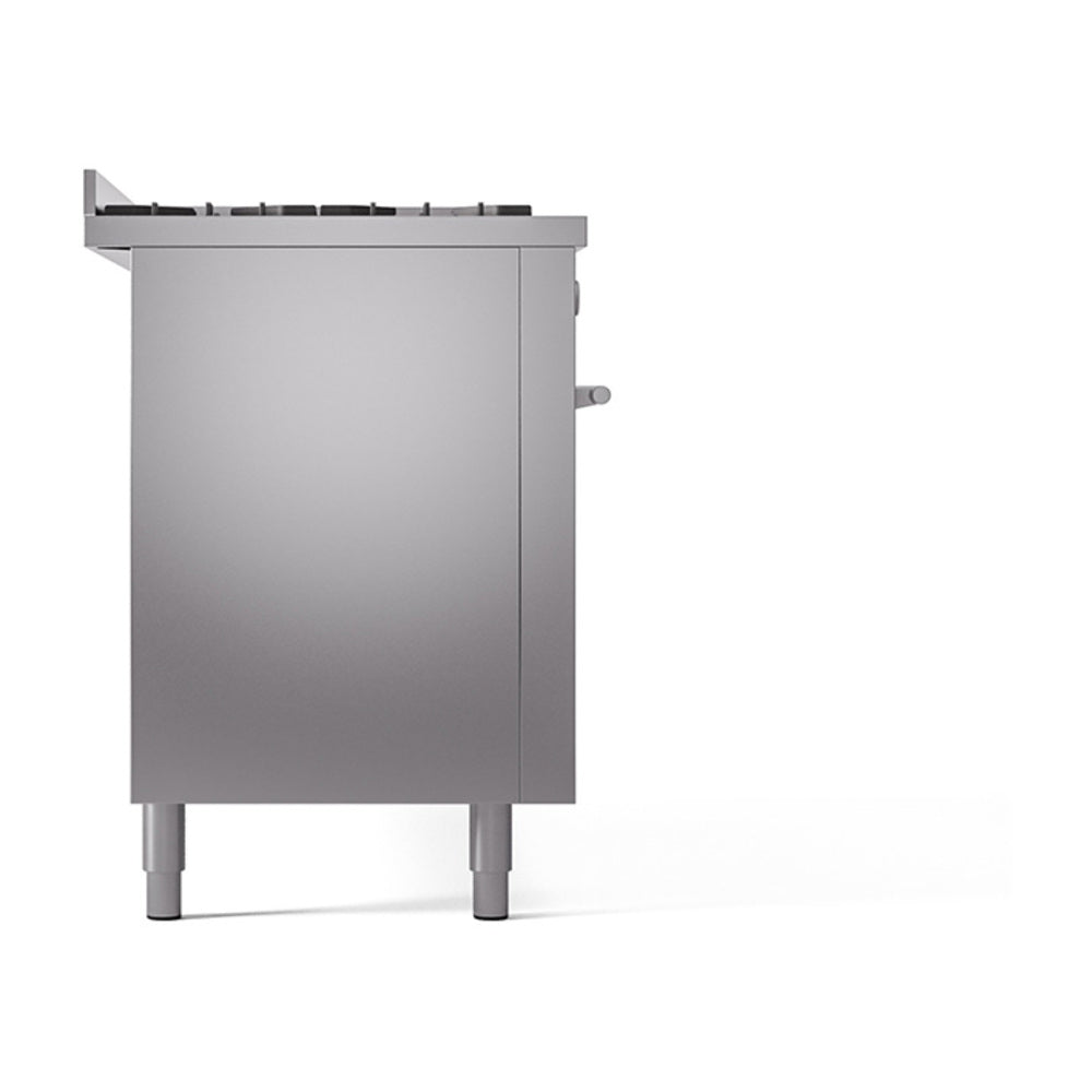 Stainless steel oven door panel on a dual fuel range, side view