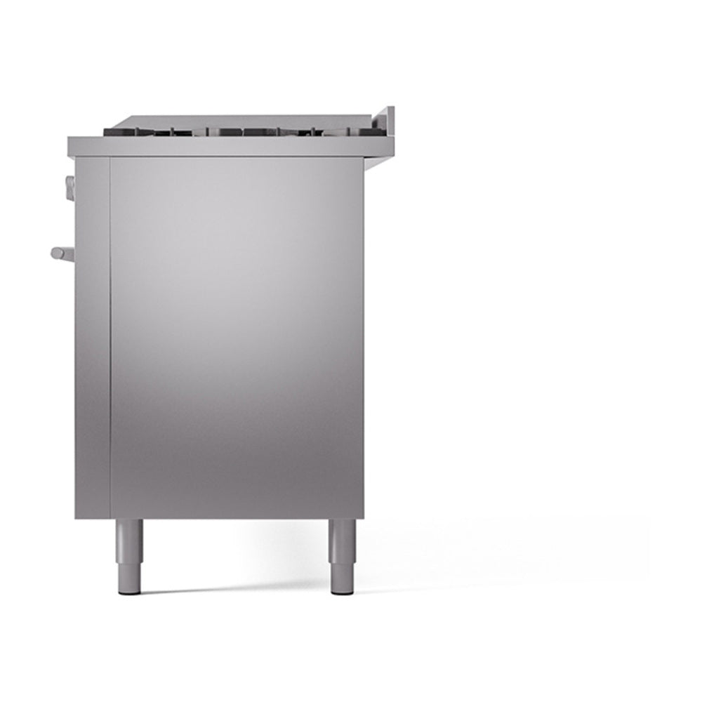 Stainless steel back panel of dual fuel range with ventilation openings and legs