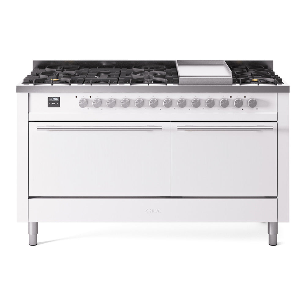 White ILVE dual fuel gas range with 9 burners and griddle-style center section