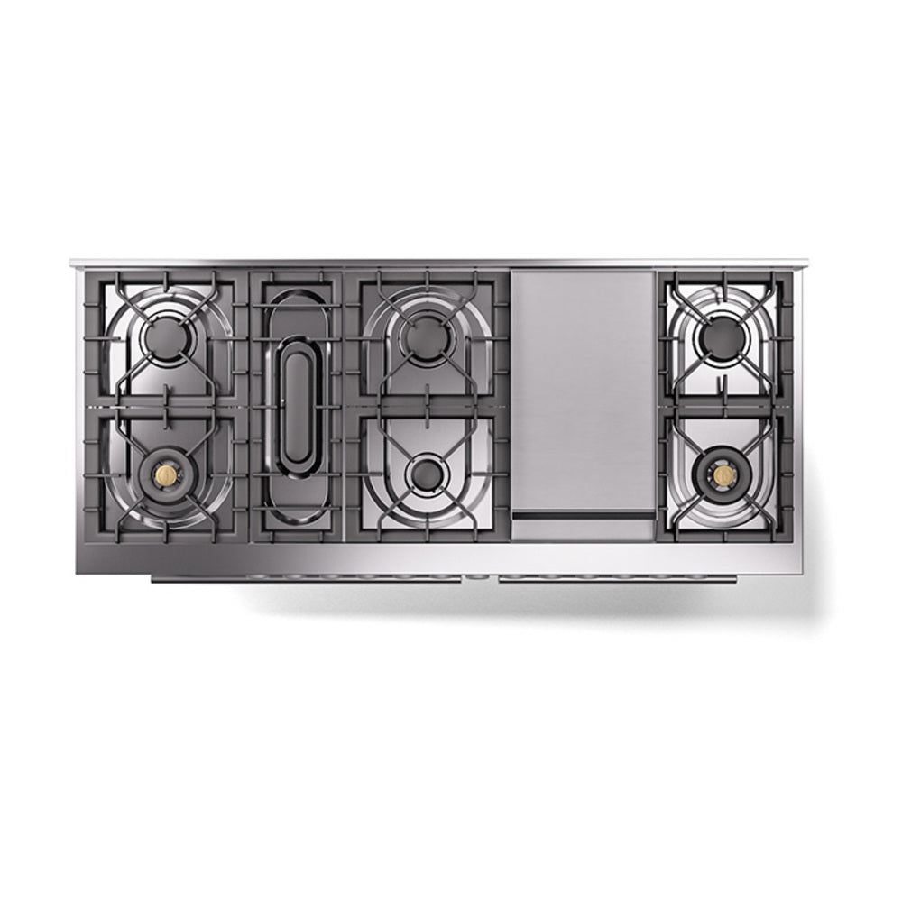 White ILVE dual fuel gas range with exposed burner layout and grates