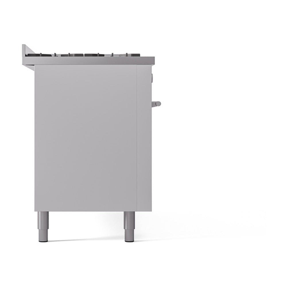White professional gas range base with rear panel and four leveling legs