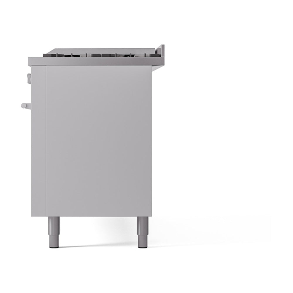 White ILVE dual fuel gas range rear/side panel view with top burners and legs