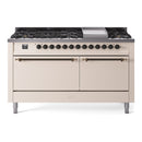 ILVE 60-Inch Nostalgie II Natural Gas Dual Fuel Range with 9 Burners, Griddle and Solid Door Oven in Antique White with Bronze Trim (UP60FQNMPAWB)