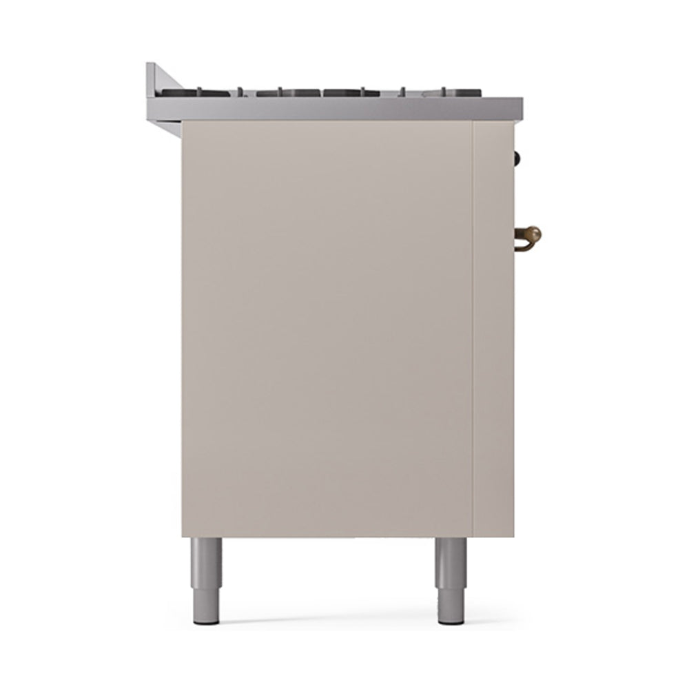 ILVE range side panel in antique white with bronze handle detail and four leveling feet
