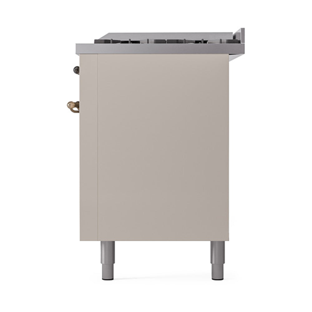 ILVE range side panel in antique white with bronze side handles and four leveling feet