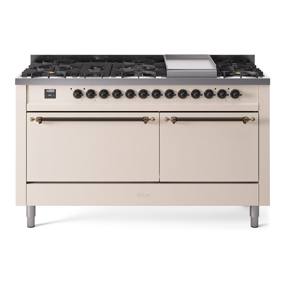 ILVE dual fuel range in antique white with bronze trim, burners, griddle, and two oven doors