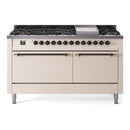 ILVE 60-Inch Nostalgie II Propane Gas Dual Fuel Range with 9 Burners, Griddle and Solid Door Oven in Antique White with Bronze Trim (UP60FQNMPAWBLP)