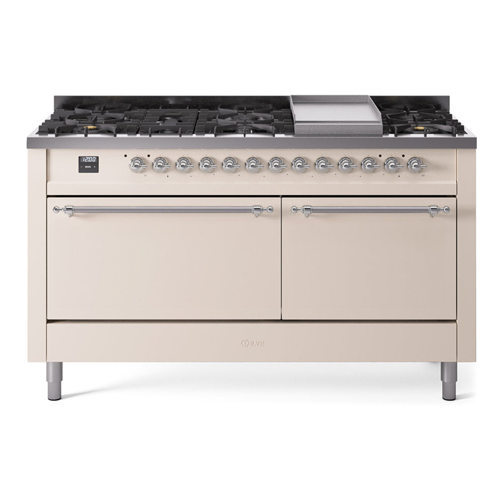 Antique white gas dual-fuel range with chrome trim, burners, and griddle on top