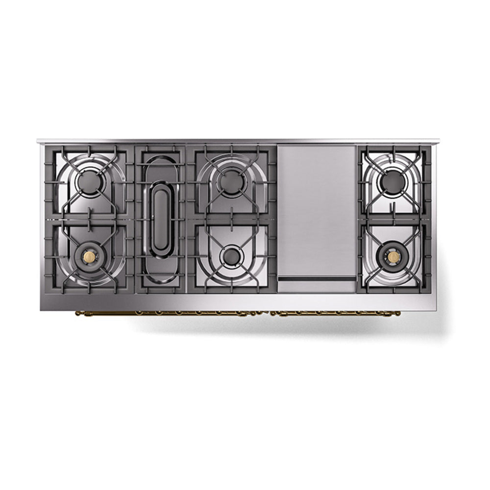 Top view of dual fuel gas range burner grates with central griddle in antique white