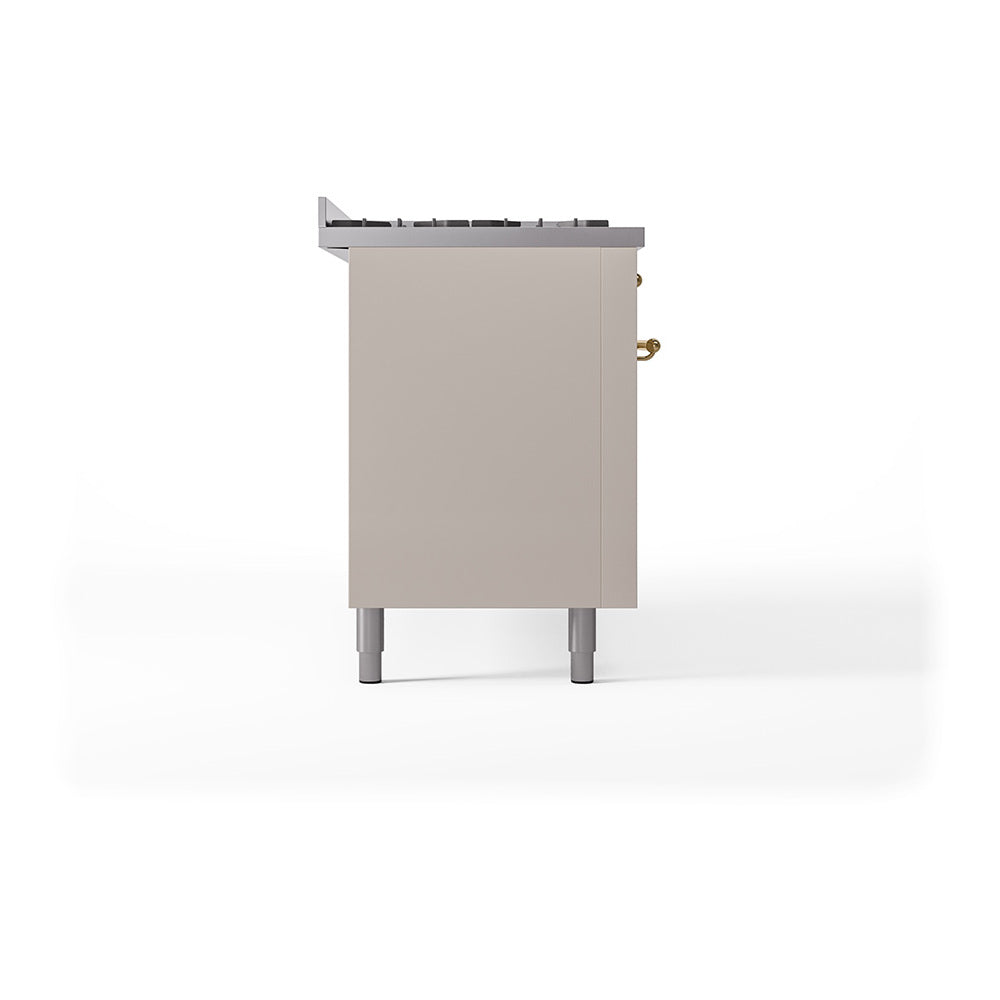 Antique white dual-fuel range side panel with brass knobs and leveling legs