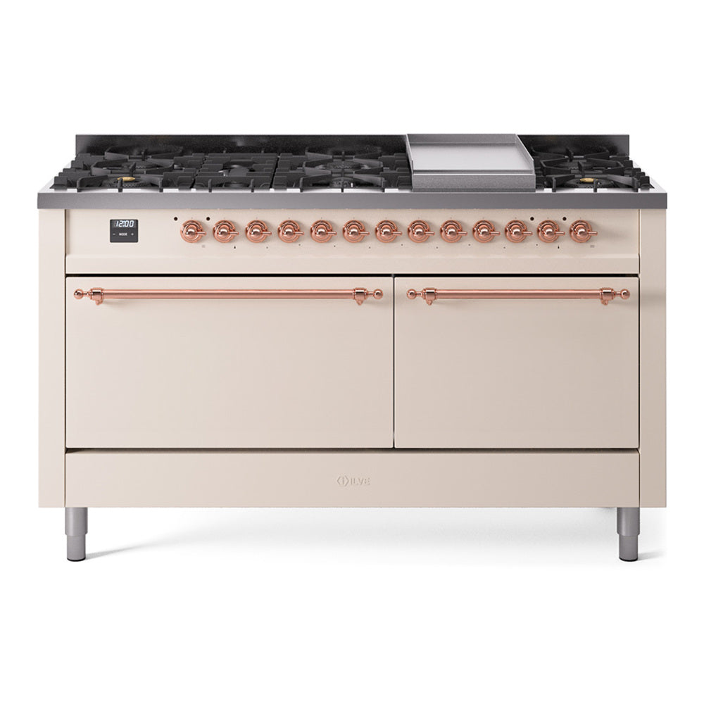Antique white dual fuel gas range with copper-trim control panel and black burners