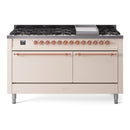 ILVE 60-Inch Nostalgie II Propane Gas Dual Fuel Range with 9 Burners, Griddle and Solid Door Oven in Antique White with Copper Trim (UP60FQNMPAWPLP)