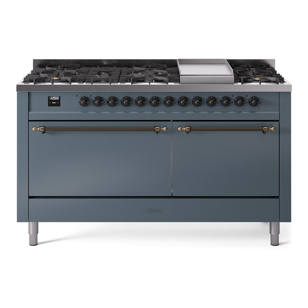 Blue grey dual fuel gas range with 9 burners, griddle, and bronze-trim control panel