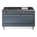 ILVE 60-Inch Nostalgie II Natural Gas Dual Fuel Range with 9 Burners, Griddle and Solid Door Oven in Blue Grey with Chrome Trim (UP60FQNMPBGC)