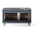 ILVE 60-Inch Nostalgie II Natural Gas Dual Fuel Range with 9 Burners, Griddle and Solid Door Oven in Blue Grey with Chrome Trim (UP60FQNMPBGC)