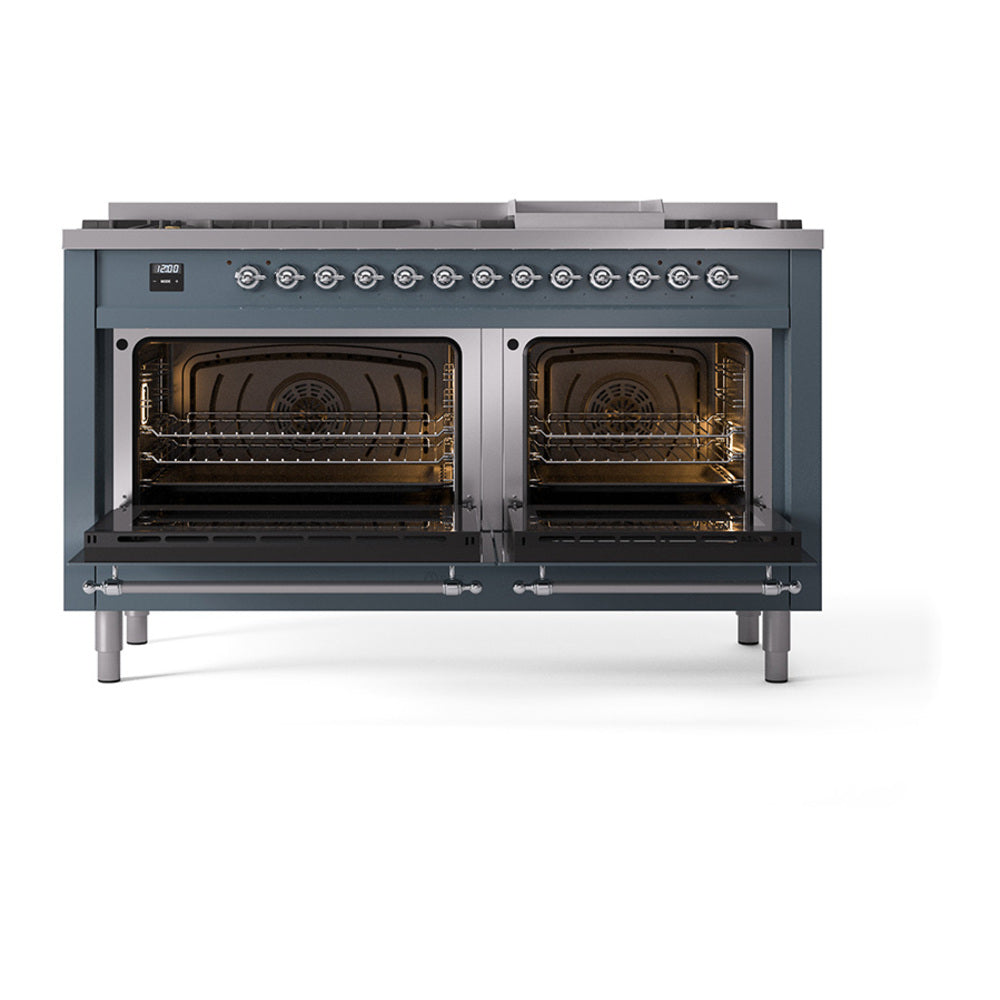ILVE dual fuel range with blue-gray oven doors open, showing two oven interiors and racks
