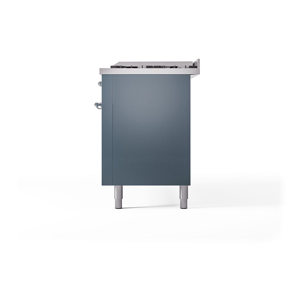 ILVE dual fuel range side panel view in blue-gray with knobs and adjustable feet