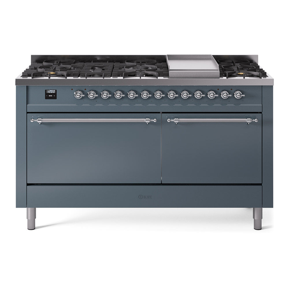 ILVE dual fuel range, blue-gray, with 9 gas burners and griddle, chrome trim