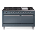 ILVE 60-Inch Nostalgie II Propane Gas Dual Fuel Range with 9 Burners, Griddle and Solid Door Oven in Blue Grey with Chrome Trim (UP60FQNMPBGCLP)