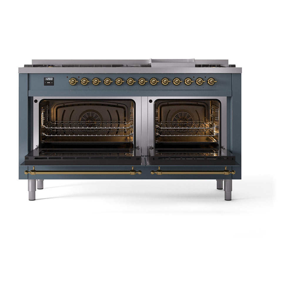 Blue grey dual fuel range with oven doors open, showing racks and dark interior