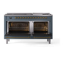 ILVE 60-Inch Nostalgie II Propane Gas Dual Fuel Range with 9 Burners, Griddle and Solid Door Oven in Blue Grey with Brass Trim (UP60FQNMPBGGLP)