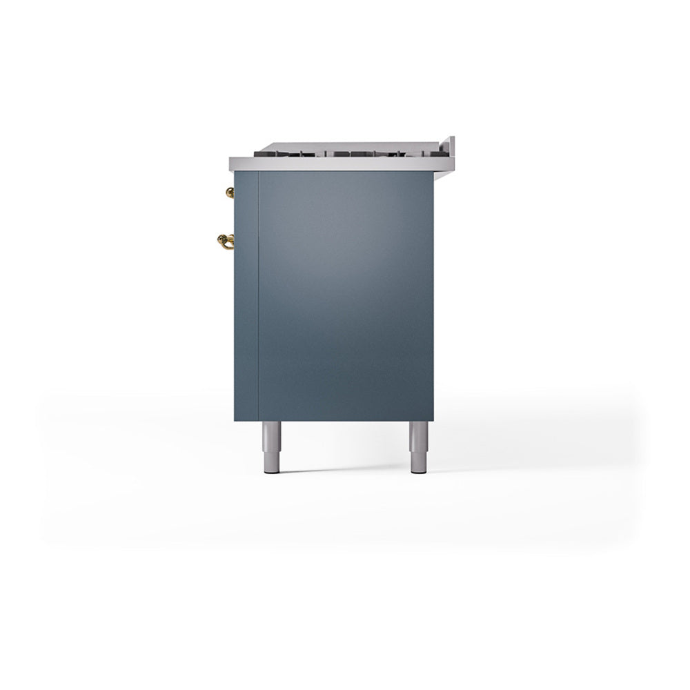 Blue-grey dual fuel range side panel with brass fittings, three-quarter side view