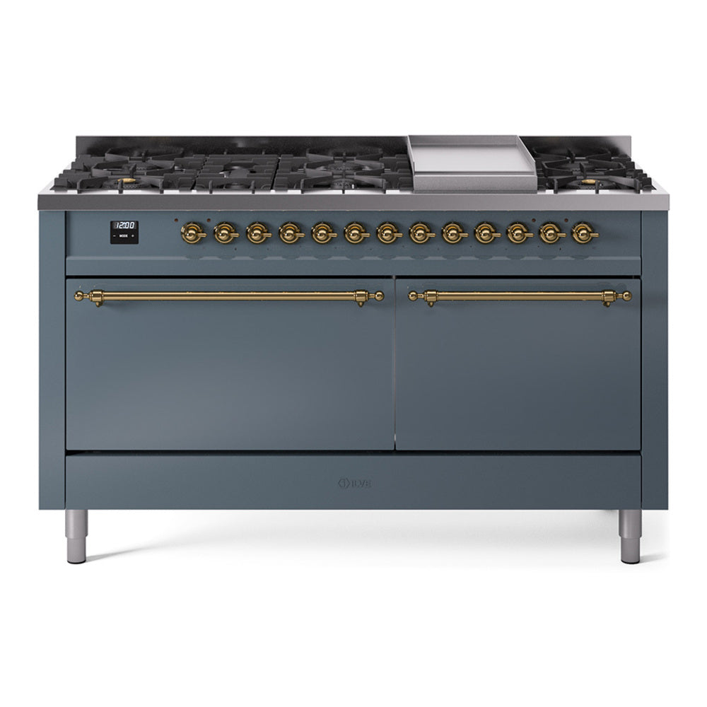 Blue grey dual fuel range with 9 gas burners and griddle, brass-trimmed control panel