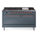 ILVE 60-Inch Nostalgie II Natural Gas Dual Fuel Range with 9 Burners, Griddle and Solid Door Oven in Blue Grey with Copper Trim (UP60FQNMPBGP)