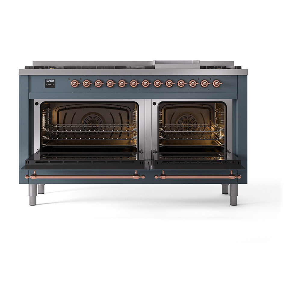 Blue gray range with two open ovens and copper-trim control knobs