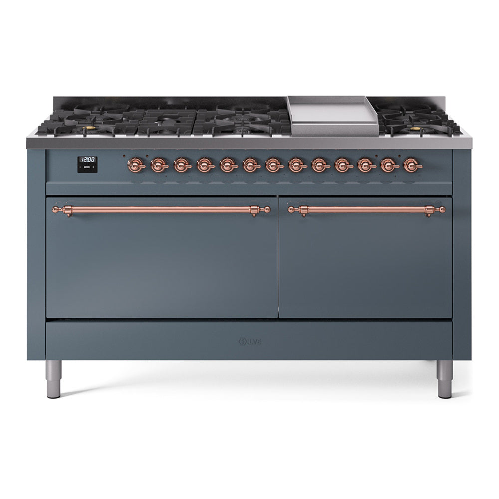 Blue gray gas range with 9 burners, griddle, and copper-trimmed doors