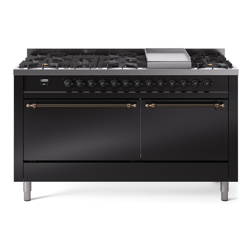 Black gas range with griddle and multiple burners, bronze-trimmed control panel