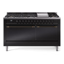 ILVE 60-Inch Nostalgie II Propane Gas Dual Fuel Range with 9 Burners, Griddle and Solid Door Oven in Glossy Black with Bronze Trim (UP60FQNMPBKBLP)