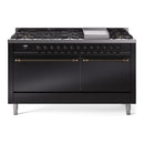 ILVE 60-Inch Nostalgie II Dual Fuel Range with 9 Burners, Griddle and Solid Door Oven in Glossy Black with Bronze Trim (UP60FQNMPBKB)