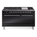 ILVE 60-Inch Nostalgie II Natural Gas Dual Fuel Range with 9 Burners, Griddle and Solid Door Oven in Glossy Black with Chrome Trim (UP60FQNMPBKC)