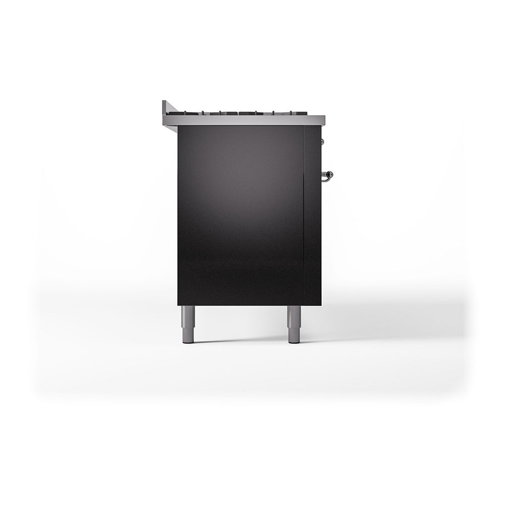 Glossy black range side with solid oven door panel and chrome handle, on legs
