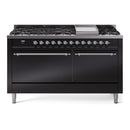 ILVE 60-Inch Nostalgie II Propane Gas Dual Fuel Range with 9 Burners, Griddle and Solid Door Oven in Glossy Black with Chrome Trim (UP60FQNMPBKCLP)