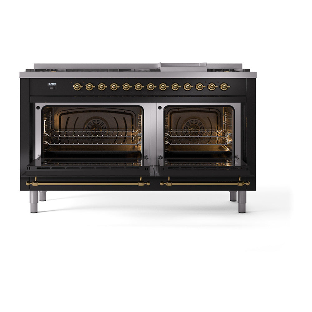 Glossy black range with two open ovens and brass-trimmed control strip