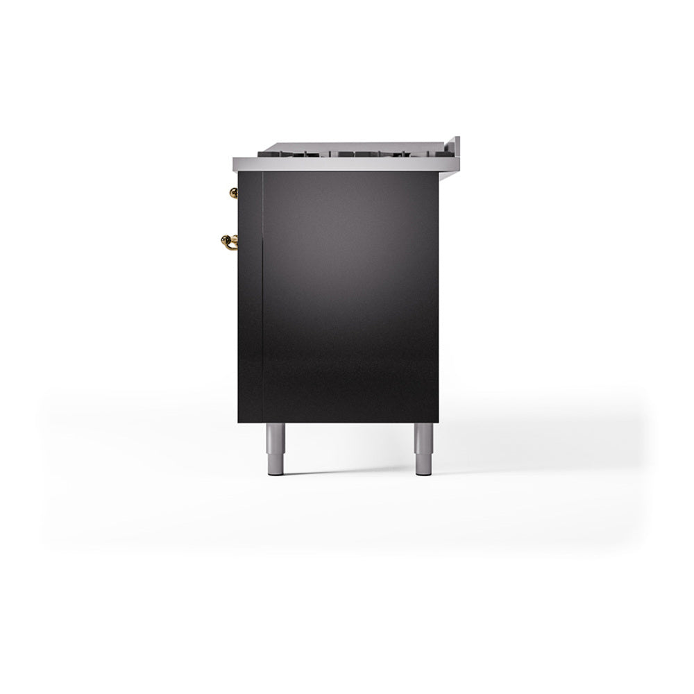Glossy black range side view with brass hinge hardware and silver legs
