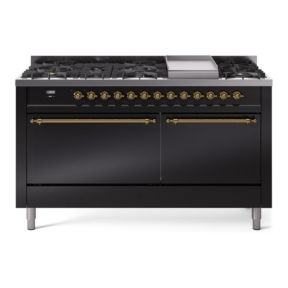 Glossy black dual fuel range with brass-trimmed burners and central griddle