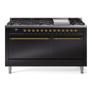 ILVE 60-Inch Nostalgie II Propane Gas Dual Fuel Range with 9 Burners, Griddle and Solid Door Oven in Glossy Black with Brass Trim (UP60FQNMPBKGLP)
