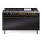 ILVE 60-Inch Nostalgie II Propane Gas Dual Fuel Range with 9 Burners, Griddle and Solid Door Oven in Glossy Black with Brass Trim (UP60FQNMPBKGLP)