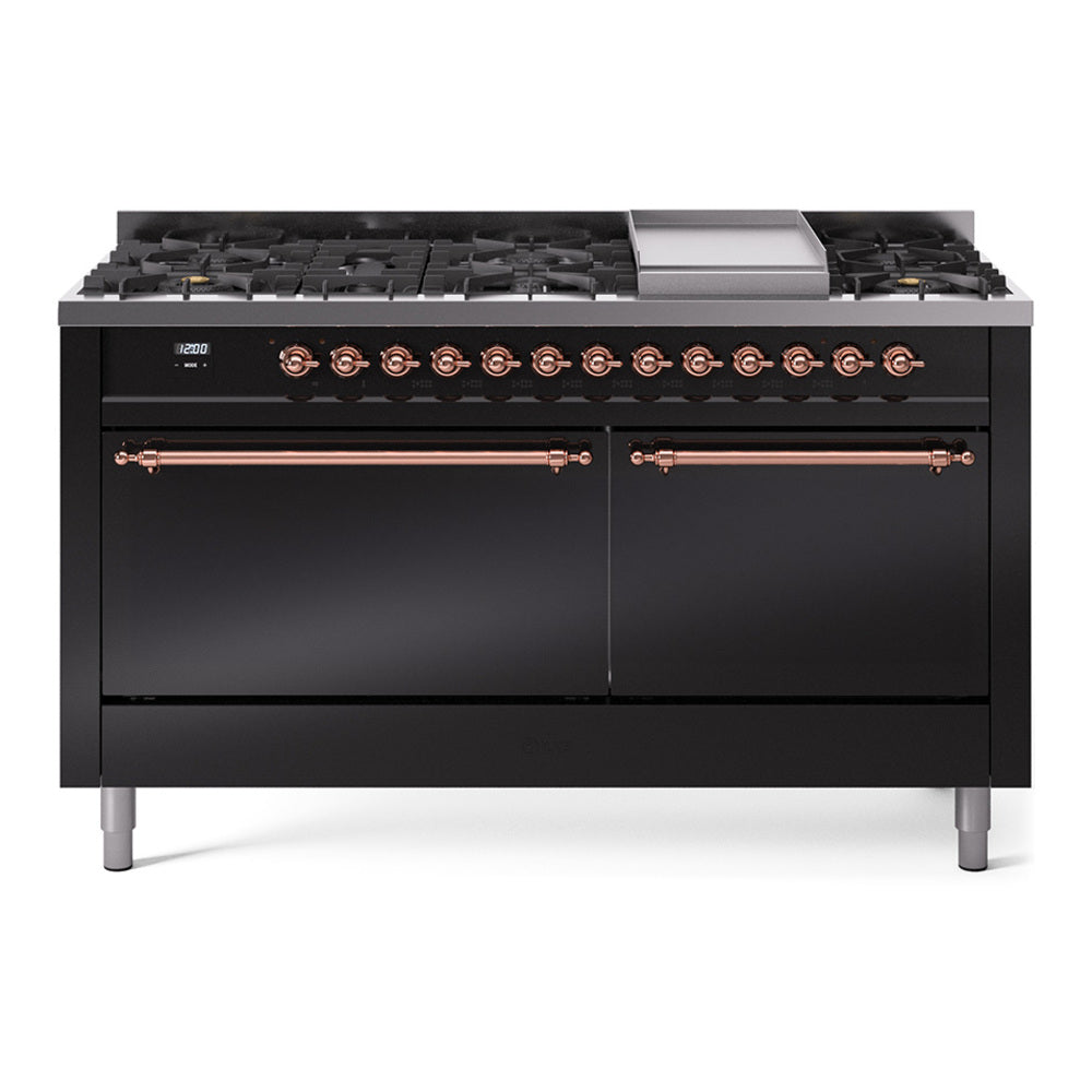 Black dual-fuel range with copper control trim and multiple stovetop burners