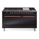 ILVE 60-Inch Nostalgie II Propane Gas Dual Fuel Range with 9 Burners, Griddle and Solid Door Oven in Glossy Black with Copper Trim (UP60FQNMPBKPLP)