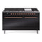 ILVE 60-Inch Nostalgie II Propane Gas Dual Fuel Range with 9 Burners, Griddle and Solid Door Oven in Glossy Black with Copper Trim (UP60FQNMPBKPLP)
