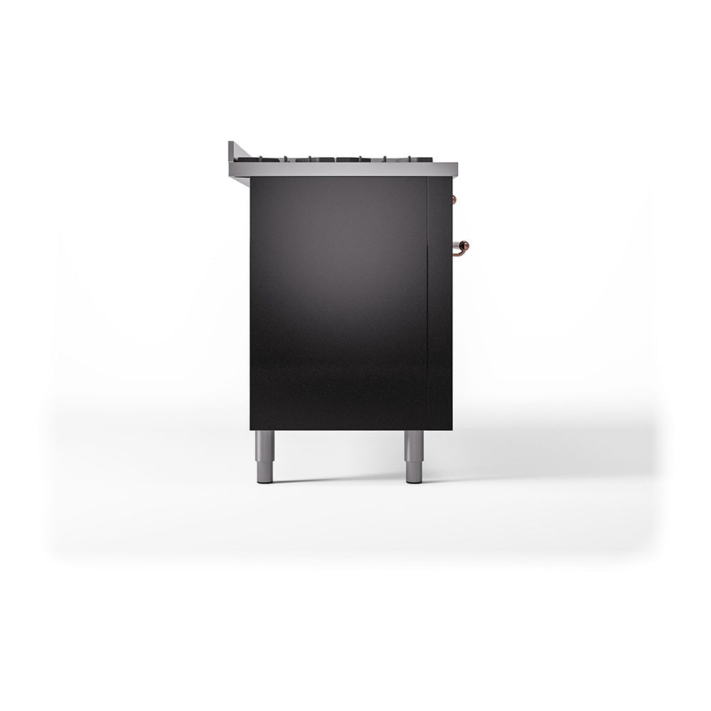 Black oven door panel with copper handle knobs and top cover