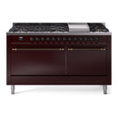 ILVE 60-Inch Nostalgie II Natural Gas Dual Fuel Range with 9 Burners, Griddle and Solid Door Oven in Burgundy with Bronze Trim (UP60FQNMPBUB)
