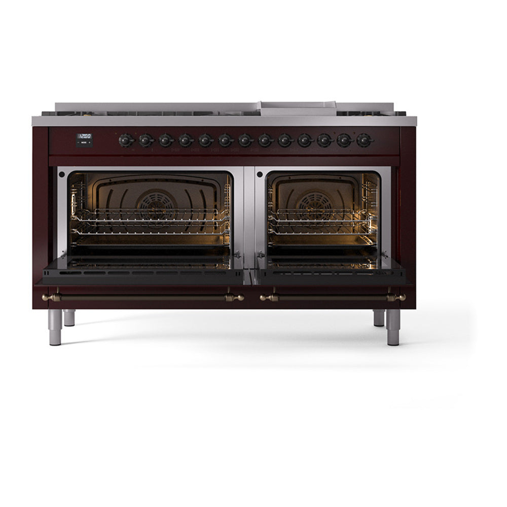 Burgundy ILVE dual fuel range with bronze trim, griddle and open dual ovens