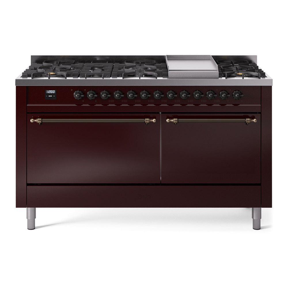 Burgundy ILVE dual fuel range with bronze trim, 9 burners and griddle, front view
